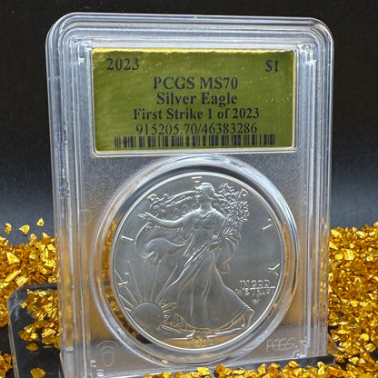 2023 $1 (W) American Silver Eagle PCGS MS70 First Strike Gold Foil Label (Rare 1 of 2,023)