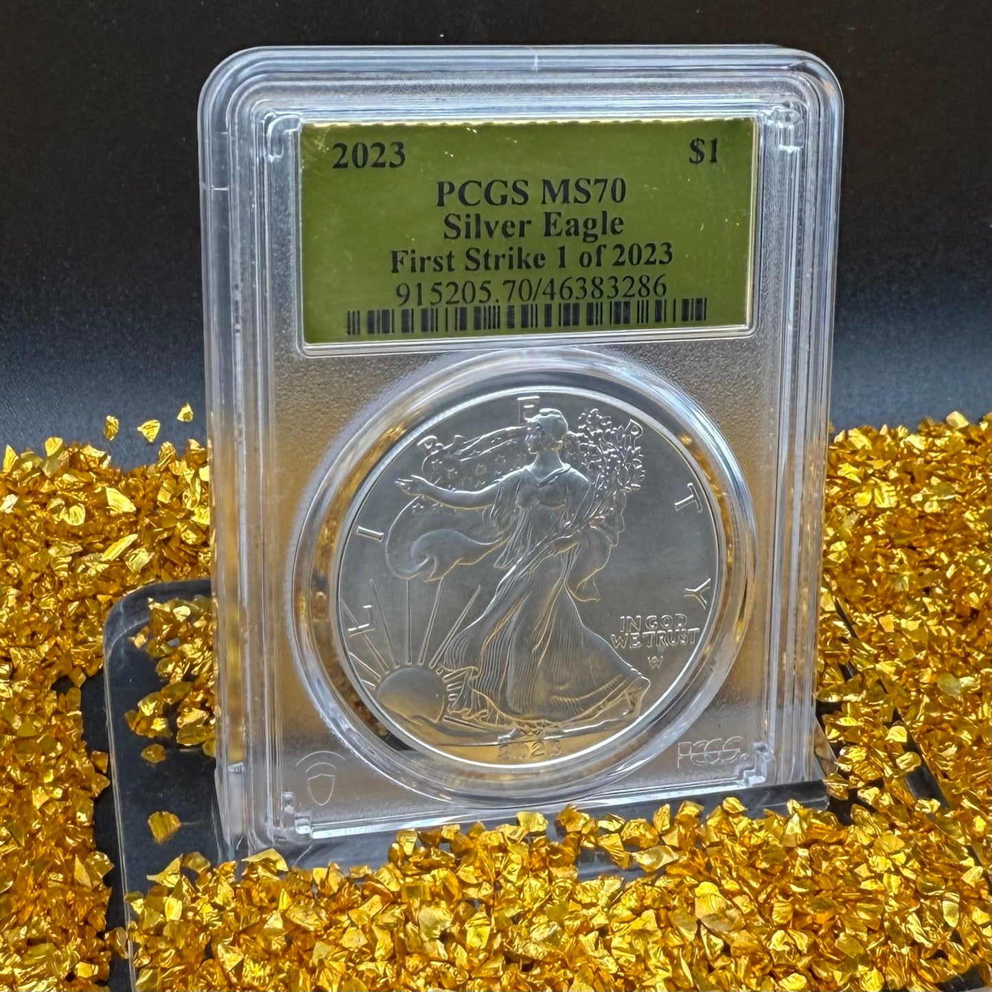 2023 $1 (W) American Silver Eagle PCGS MS70 First Strike Gold Foil Label (Rare 1 of 2,023)