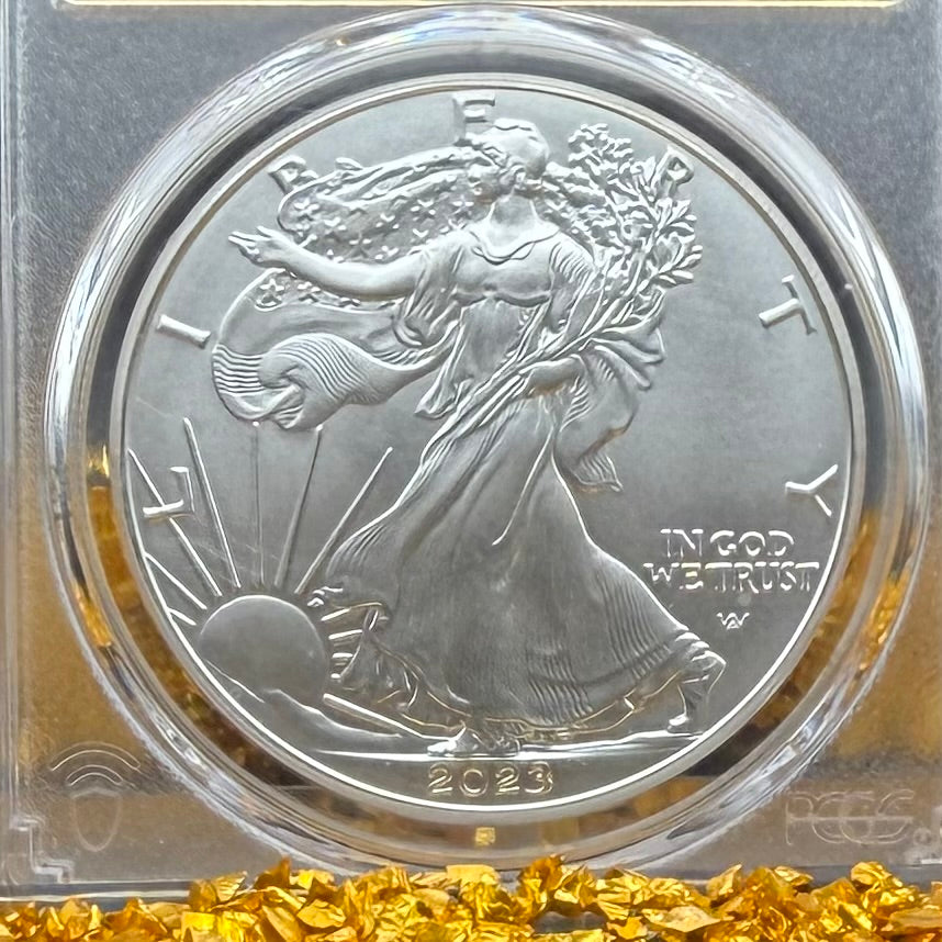 2023 $1 (W) American Silver Eagle PCGS MS70 First Strike Gold Foil Label (Rare 1 of 2,023)