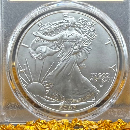 2023 $1 (W) American Silver Eagle PCGS MS70 First Strike Gold Foil Label (Rare 1 of 2,023)