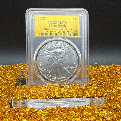 2023 $1 (W) American Silver Eagle PCGS MS70 First Strike Gold Foil Label (Rare 1 of 2,023)