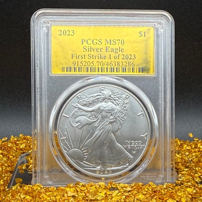 2023 $1 (W) American Silver Eagle PCGS MS70 First Strike Gold Foil Label (Rare 1 of 2,023)