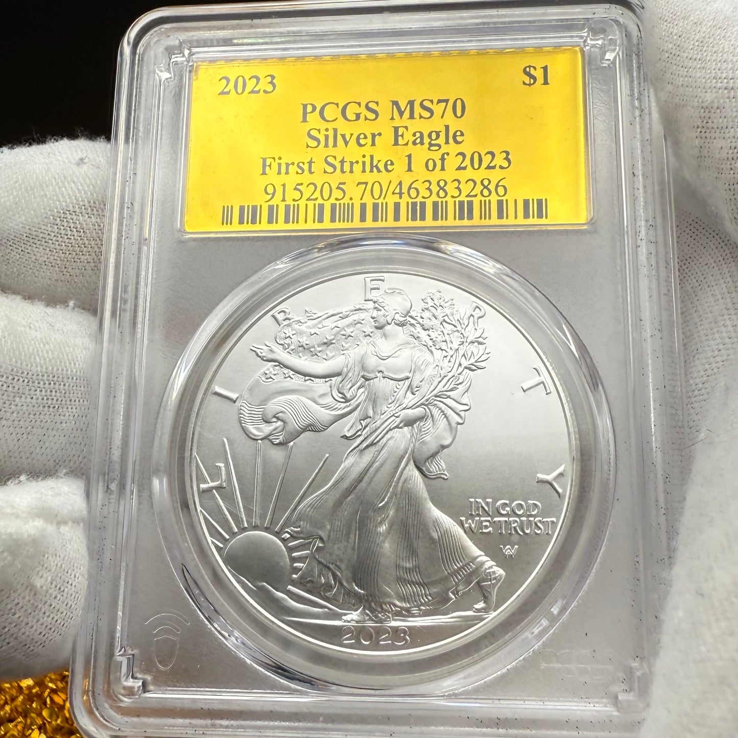 2023 $1 (W) American Silver Eagle PCGS MS70 First Strike Gold Foil Label (Rare 1 of 2,023)