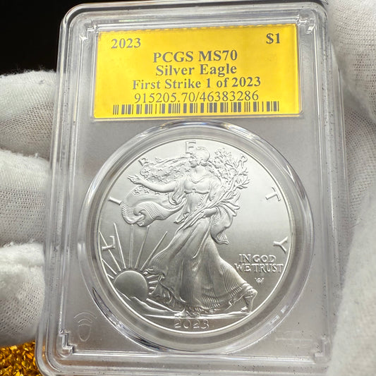 2023 $1 (W) American Silver Eagle PCGS MS70 First Strike Gold Foil Label (Rare 1 of 2,023)