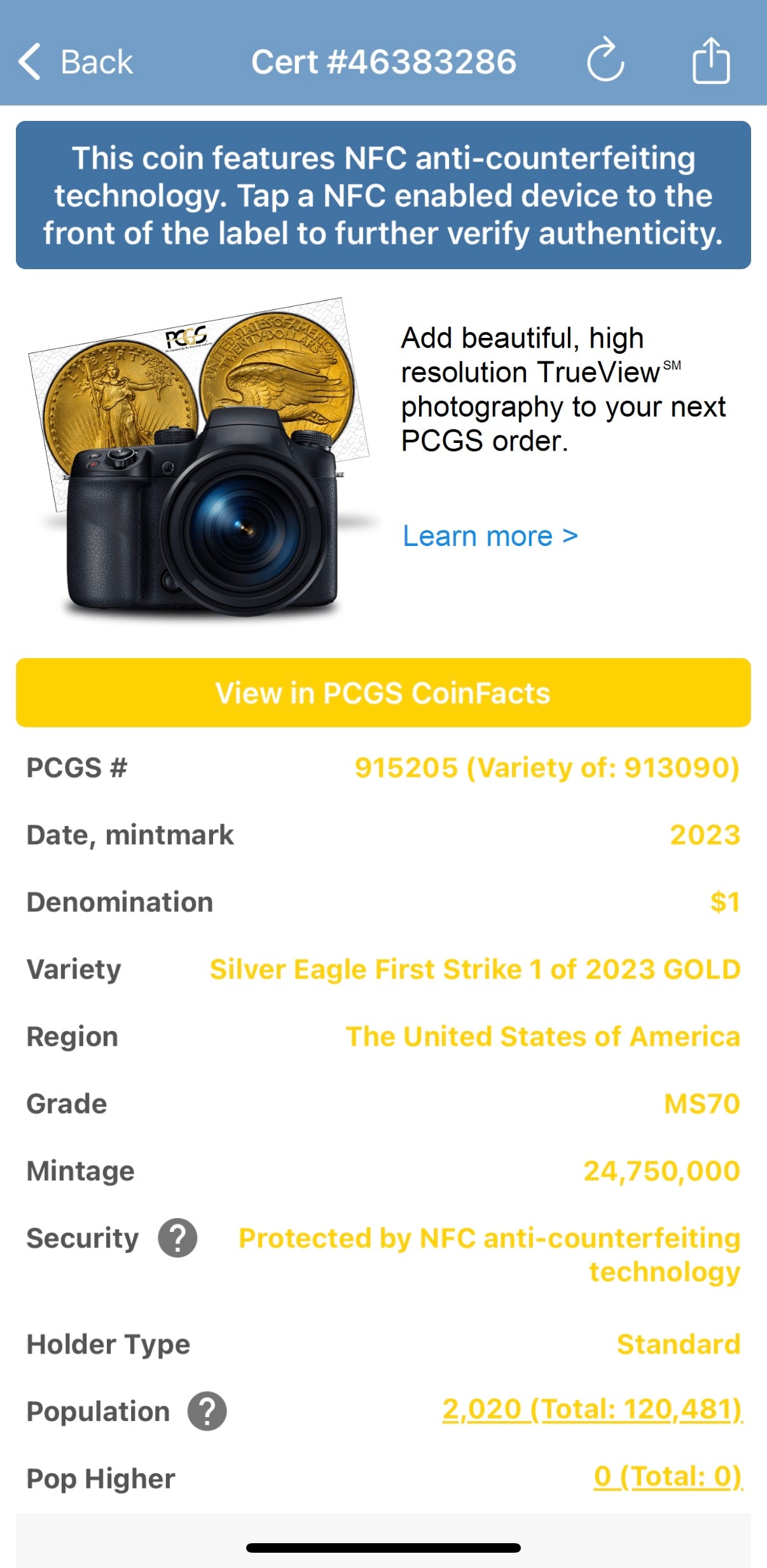 2023 $1 (W) American Silver Eagle PCGS MS70 First Strike Gold Foil Label (Rare 1 of 2,023)