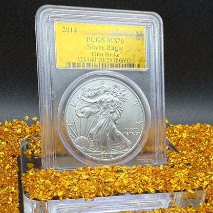 2014 $1 (W) American Silver Eagle PCGS MS70 First Strike Gold Foil Label Rare!