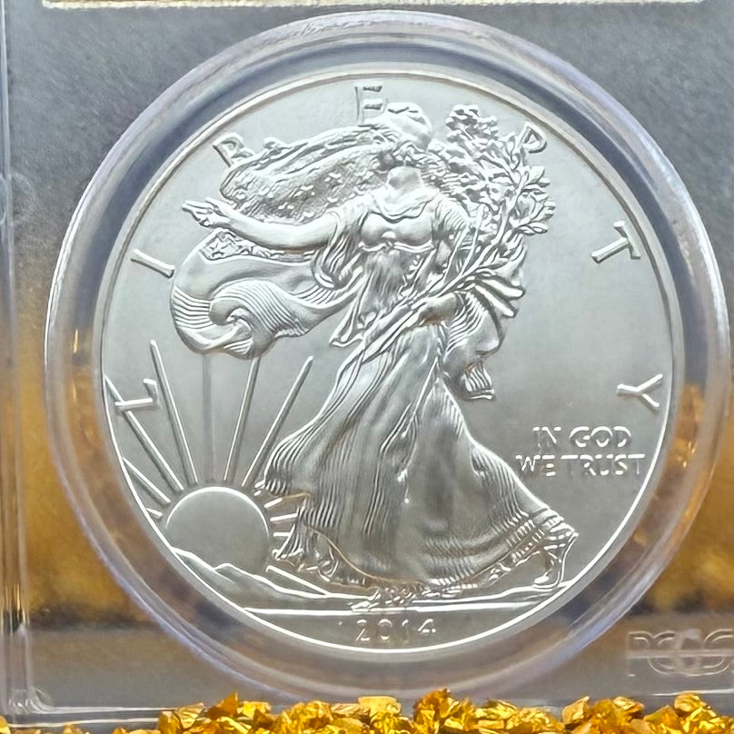 2014 $1 (W) American Silver Eagle PCGS MS70 First Strike Gold Foil Label Rare!
