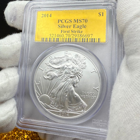 2014 $1 (W) American Silver Eagle PCGS MS70 First Strike Gold Foil Label Rare!