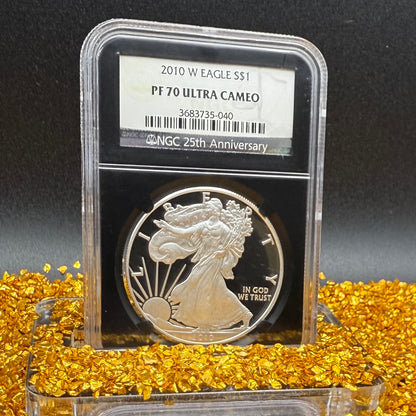 Proof 2010 (W) $1 American Silver Eagle NGC PF70 Black Holder Classic Blue Label 25th Anniversary (1 of 9,023)