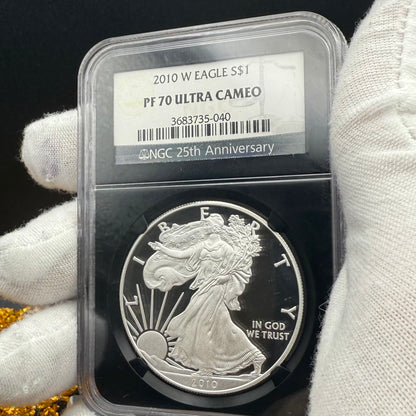 Proof 2010 (W) $1 American Silver Eagle NGC PF70 Black Holder Classic Blue Label 25th Anniversary (1 of 9,023)