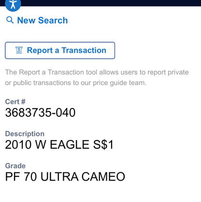 Proof 2010 (W) $1 American Silver Eagle NGC PF70 Black Holder Classic Blue Label 25th Anniversary (1 of 9,023)