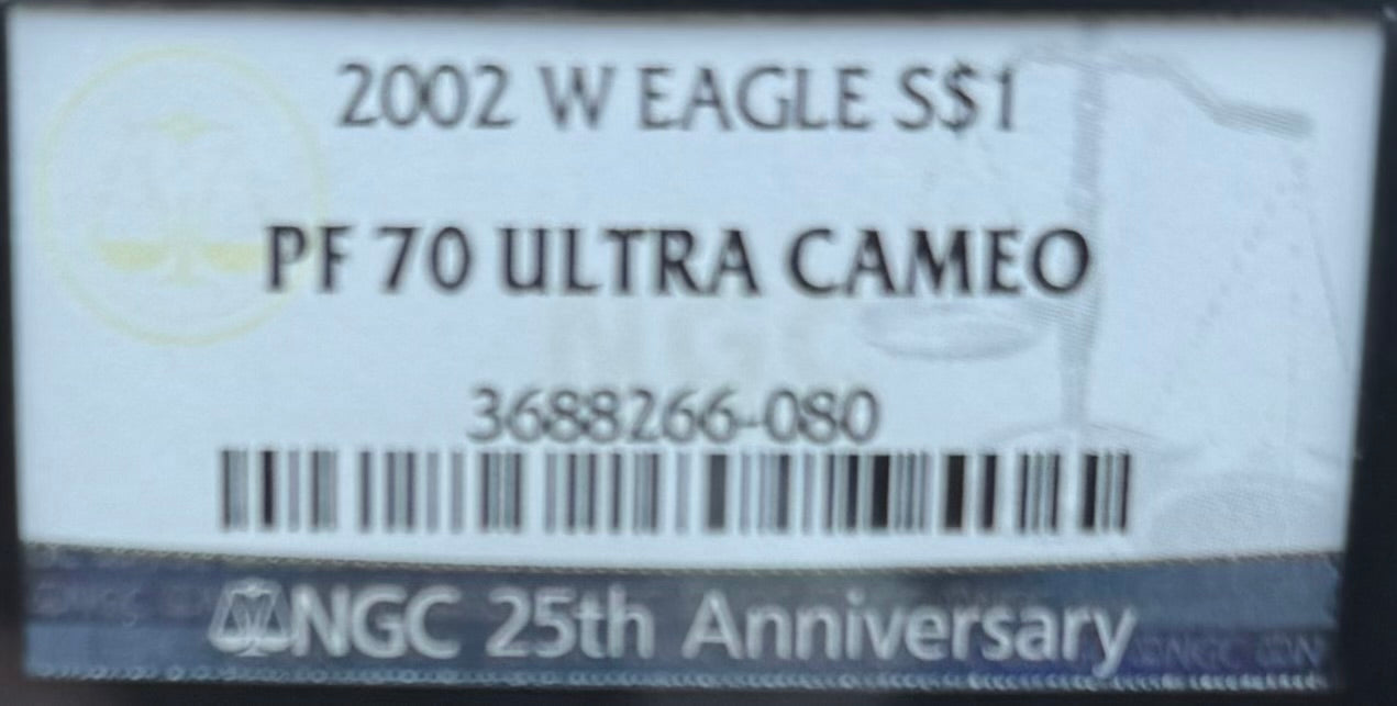 Proof 2002 (W) $1 American Silver Eagle NGC PF70UC Classic Blue Label Black Holder (1 of 6,153)