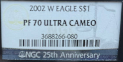 Proof 2002 (W) $1 American Silver Eagle NGC PF70UC Classic Blue Label Black Holder (1 of 6,153)