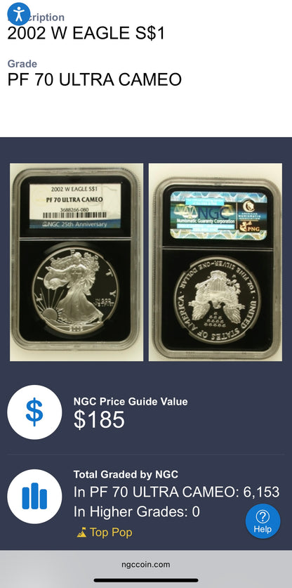 Proof 2002 (W) $1 American Silver Eagle NGC PF70UC Classic Blue Label Black Holder (1 of 6,153)