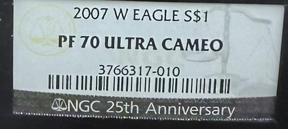 Proof 2007 (W) $1 American Silver Eagle NGC PF70UC Classic Blue Label Black Holder (1 of 10,245)