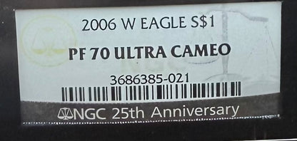 Proof 2006 (W) $1 American Silver Eagle NGC PF70UC Classic Blue Label Black Holder (1 of 21,920)