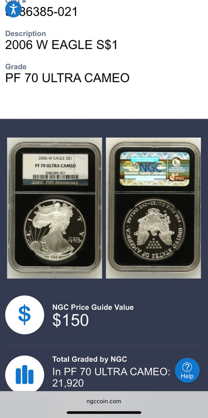 Proof 2006 (W) $1 American Silver Eagle NGC PF70UC Classic Blue Label Black Holder (1 of 21,920)