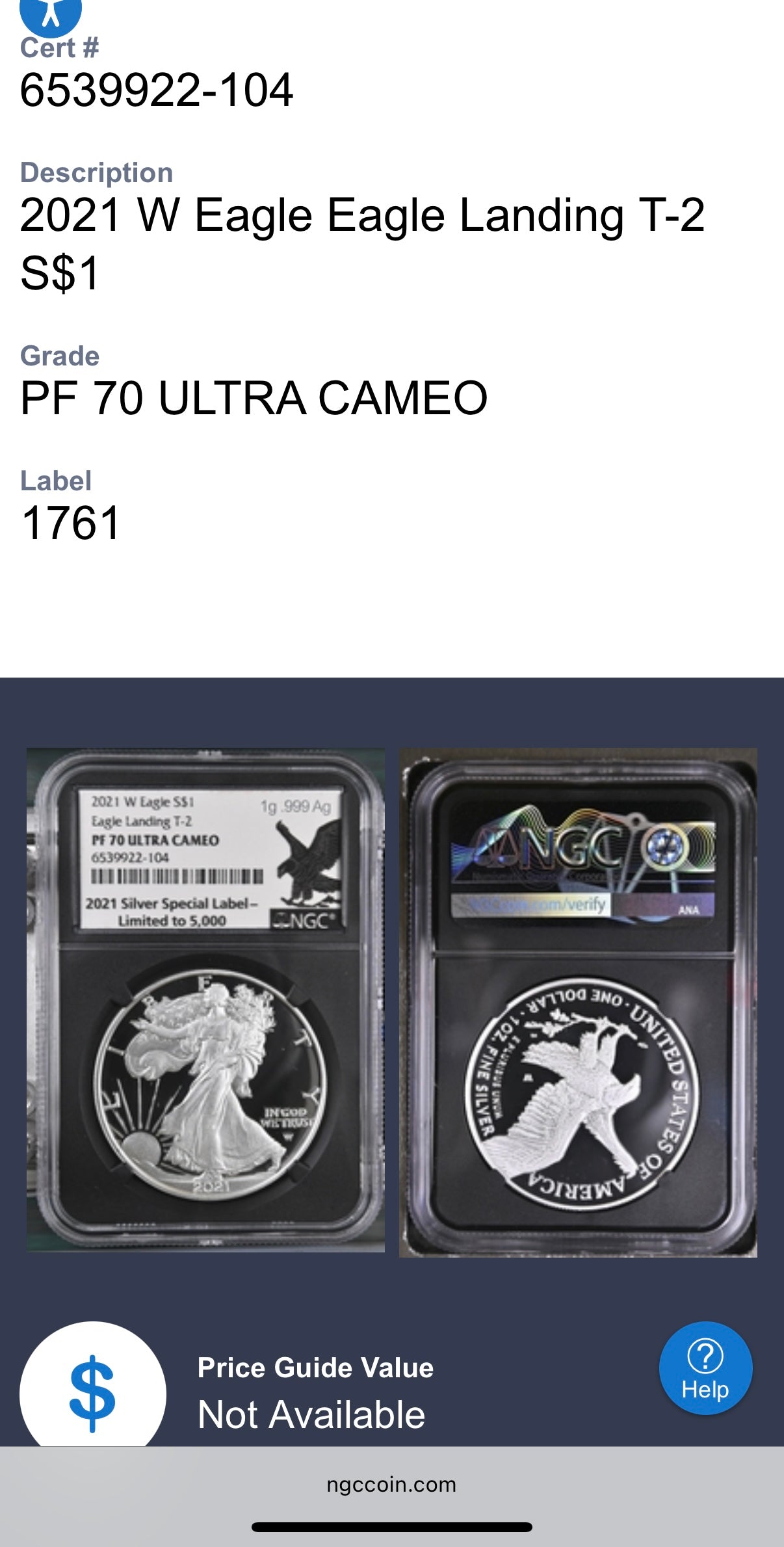 Proof 2021 (W) $1 American Silver Eagle NGC PF70UC T-2 Special Edition Label (1 of 5,000)