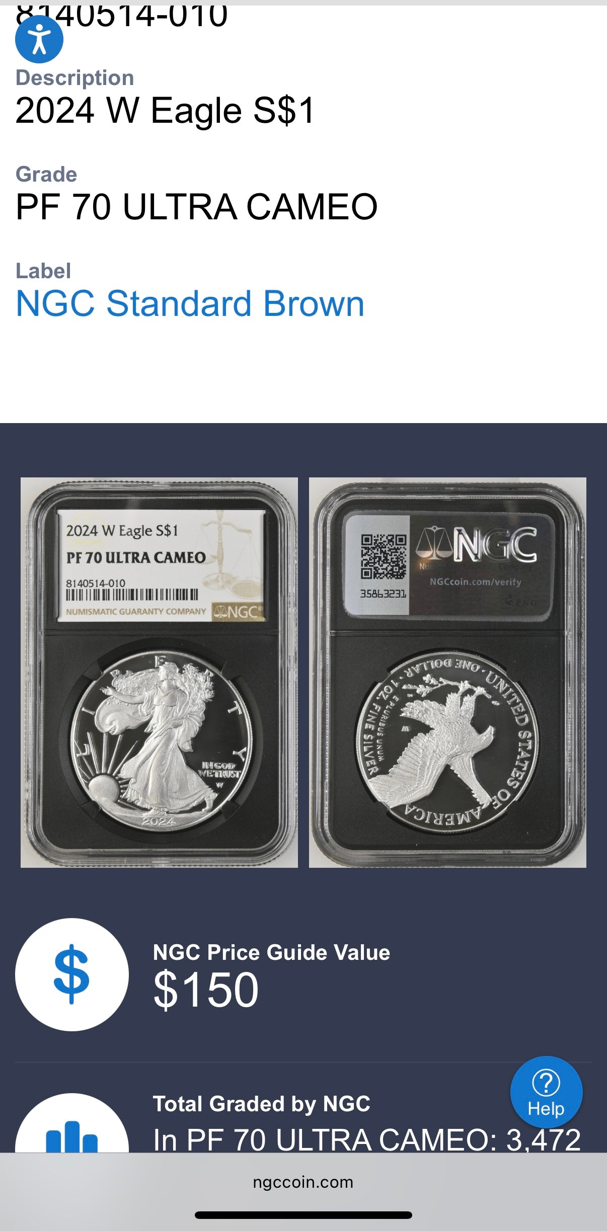 Proof 2024 (W) $1 American Silver Eagle NGC PF70 Modern Brown Label Mint Condition (1 of 3,472)