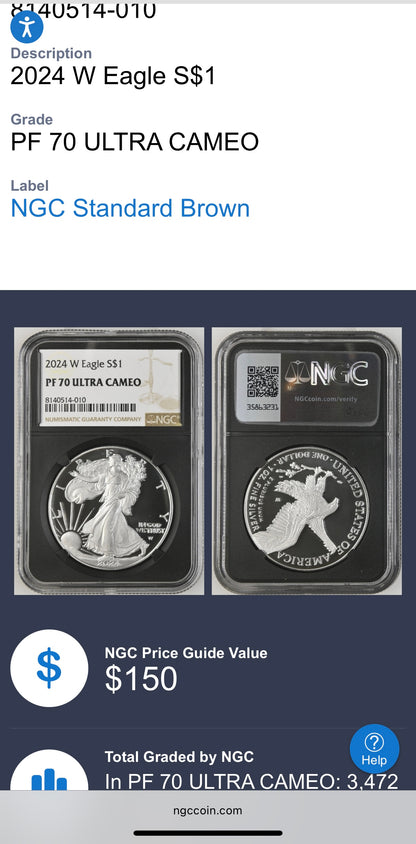 Proof 2024 (W) $1 American Silver Eagle NGC PF70 Modern Brown Label Mint Condition (1 of 3,472)