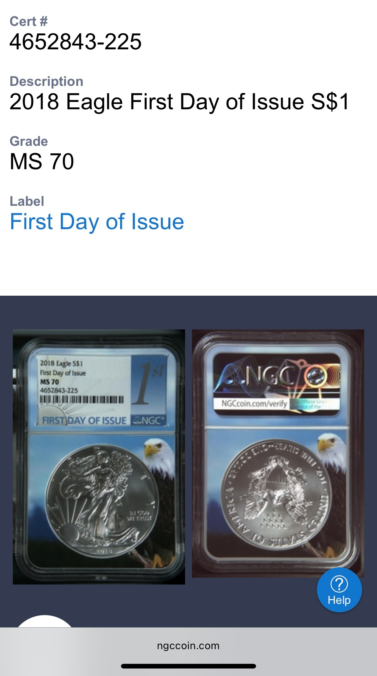 2018 $1 American Silver Eagle NGC MS70 First Day of Issue Eagle Holder Mint Condition (1 of 13,313)