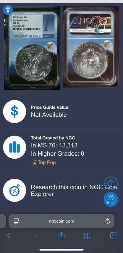 2018 $1 American Silver Eagle NGC MS70 First Day of Issue Eagle Holder Mint Condition (1 of 13,313)