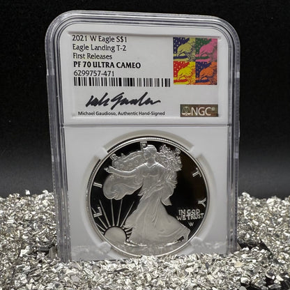 Proof 2021 (W) $1 American Silver Eagle NGC PF70 Type 2 First Releases Michael Gaudioso Signed (1 of 3,733) Mint Condition