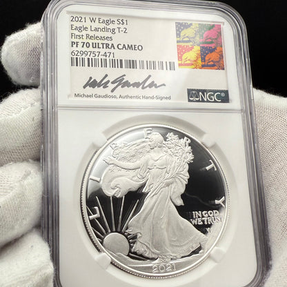 Proof 2021 (W) $1 American Silver Eagle NGC PF70 Type 2 First Releases Michael Gaudioso Signed (1 of 3,733) Mint Condition