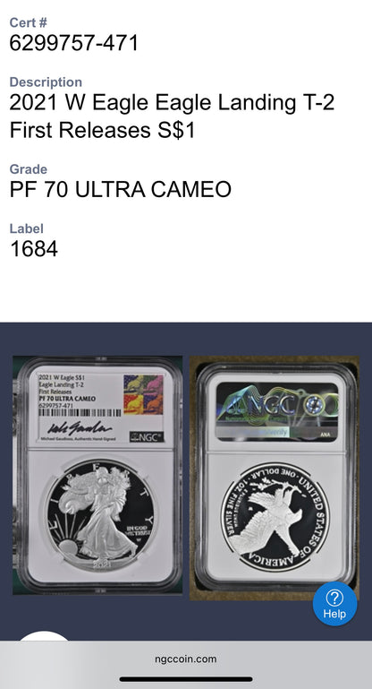 Proof 2021 (W) $1 American Silver Eagle NGC PF70 Type 2 First Releases Michael Gaudioso Signed (1 of 3,733) Mint Condition