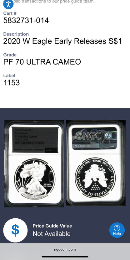 Proof 2020 (W) $1 American Silver Eagle NGC PF70UC Early Releases Stainless Steel Label Mint Condition (1 of 4,472)