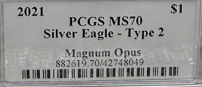 2021 $1 American Silver Eagle PCGS MS70 Type 2 Business Strike Magnum Opus Legacy Collection Mint!