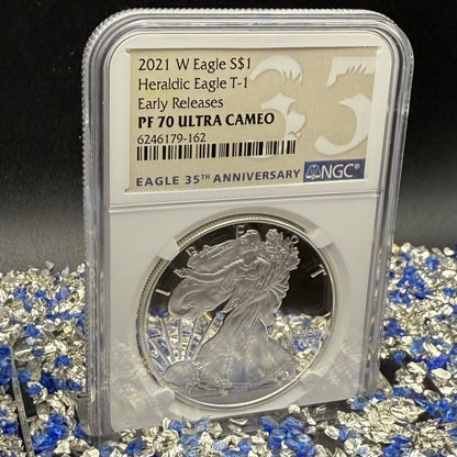 Proof 2021 (W) $1 American Silver Eagle NGC PF70UC Type 1 Early Releases 35th Anniversary Brown Eagle Label Mint Condition (1 of 6983)
