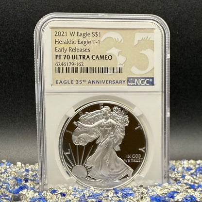 Proof 2021 (W) $1 American Silver Eagle NGC PF70UC Type 1 Early Releases 35th Anniversary Brown Eagle Label Mint Condition (1 of 6983)