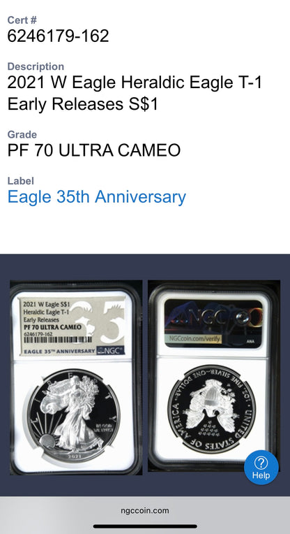 Proof 2021 (W) $1 American Silver Eagle NGC PF70UC Type 1 Early Releases 35th Anniversary Brown Eagle Label Mint Condition (1 of 6983)