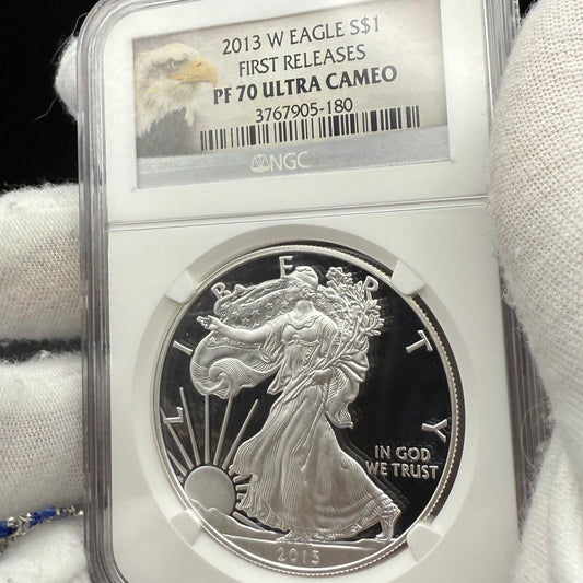 Proof 2013 (W) $1 American Silver Eagle NGC PF70UC First Releases Eagle Label White Holder (1 of 5,212)