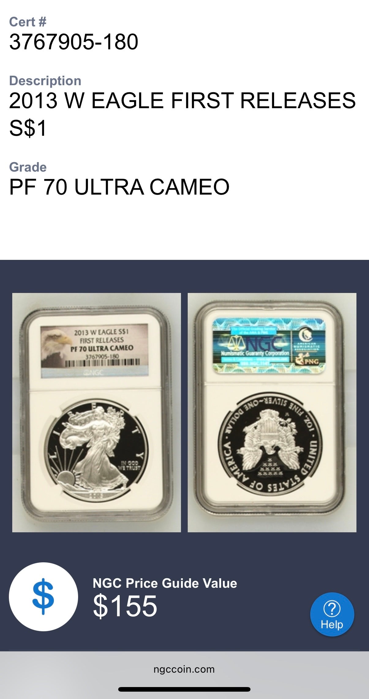 Proof 2013 (W) $1 American Silver Eagle NGC PF70UC First Releases Eagle Label White Holder (1 of 5,212)