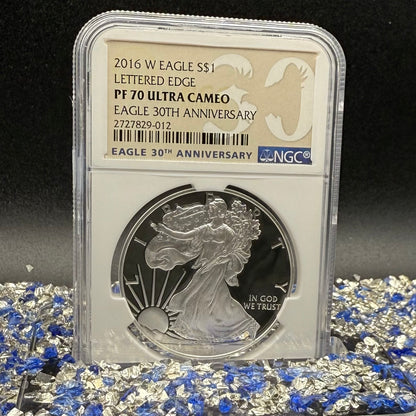 Proof 2016 (W) $1 American Silver Eagle NGC PF70UC Brown Eagle Lettered Edge 30th Anniversary Label White Holder Mint Condition