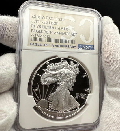 Proof 2016 (W) $1 American Silver Eagle NGC PF70UC Brown Eagle Lettered Edge 30th Anniversary Label White Holder Mint Condition