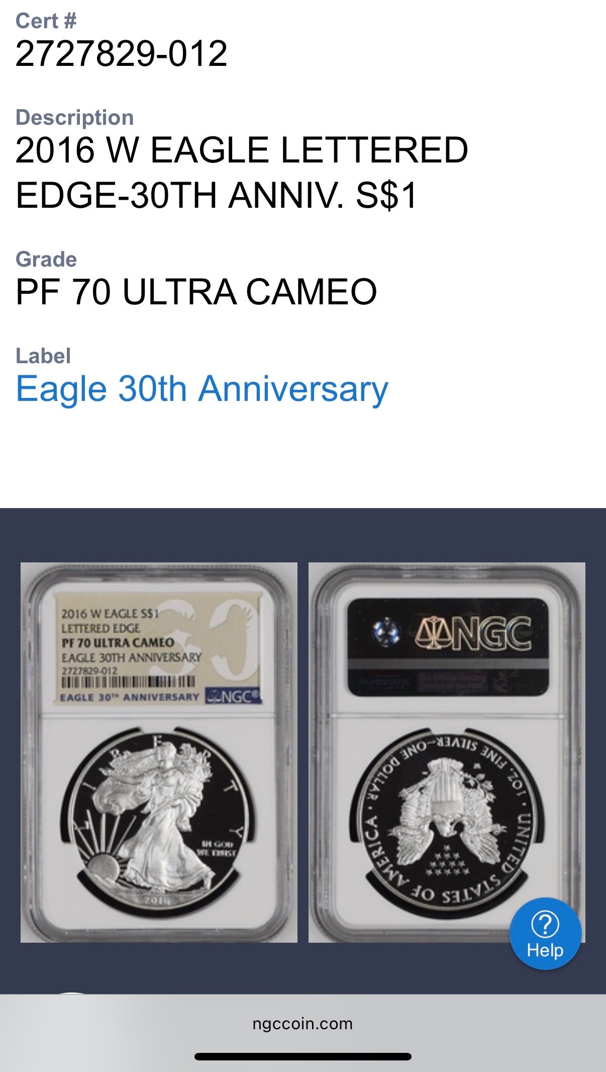 Proof 2016 (W) $1 American Silver Eagle NGC PF70UC Brown Eagle Lettered Edge 30th Anniversary Label White Holder Mint Condition