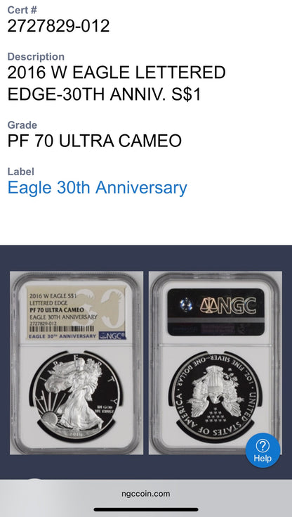 Proof 2016 (W) $1 American Silver Eagle NGC PF70UC Brown Eagle Lettered Edge 30th Anniversary Label White Holder Mint Condition