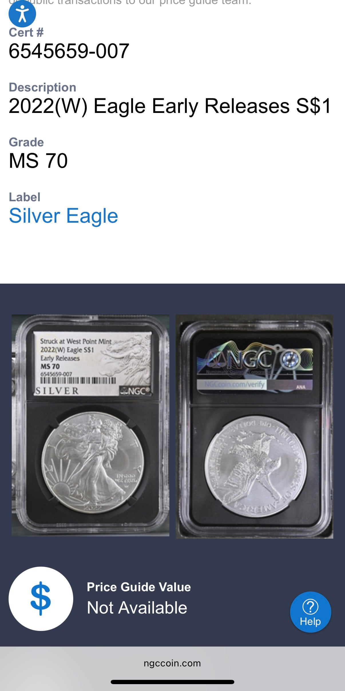 2022 $1 American Silver Eagle NGC MS70 Early Releases Silver Label in Black Holder Rare 1 of 8,163