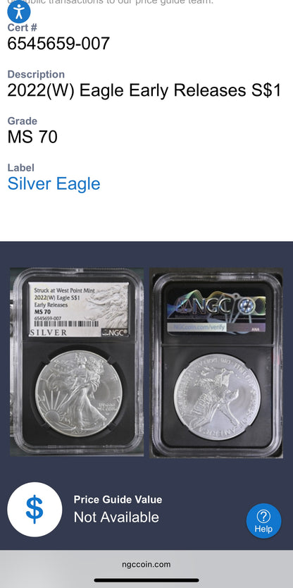 2022 $1 American Silver Eagle NGC MS70 Early Releases Silver Label in Black Holder Rare 1 of 8,163