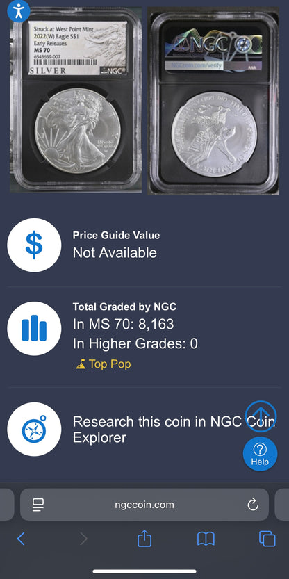 2022 $1 American Silver Eagle NGC MS70 Early Releases Silver Label in Black Holder Rare 1 of 8,163