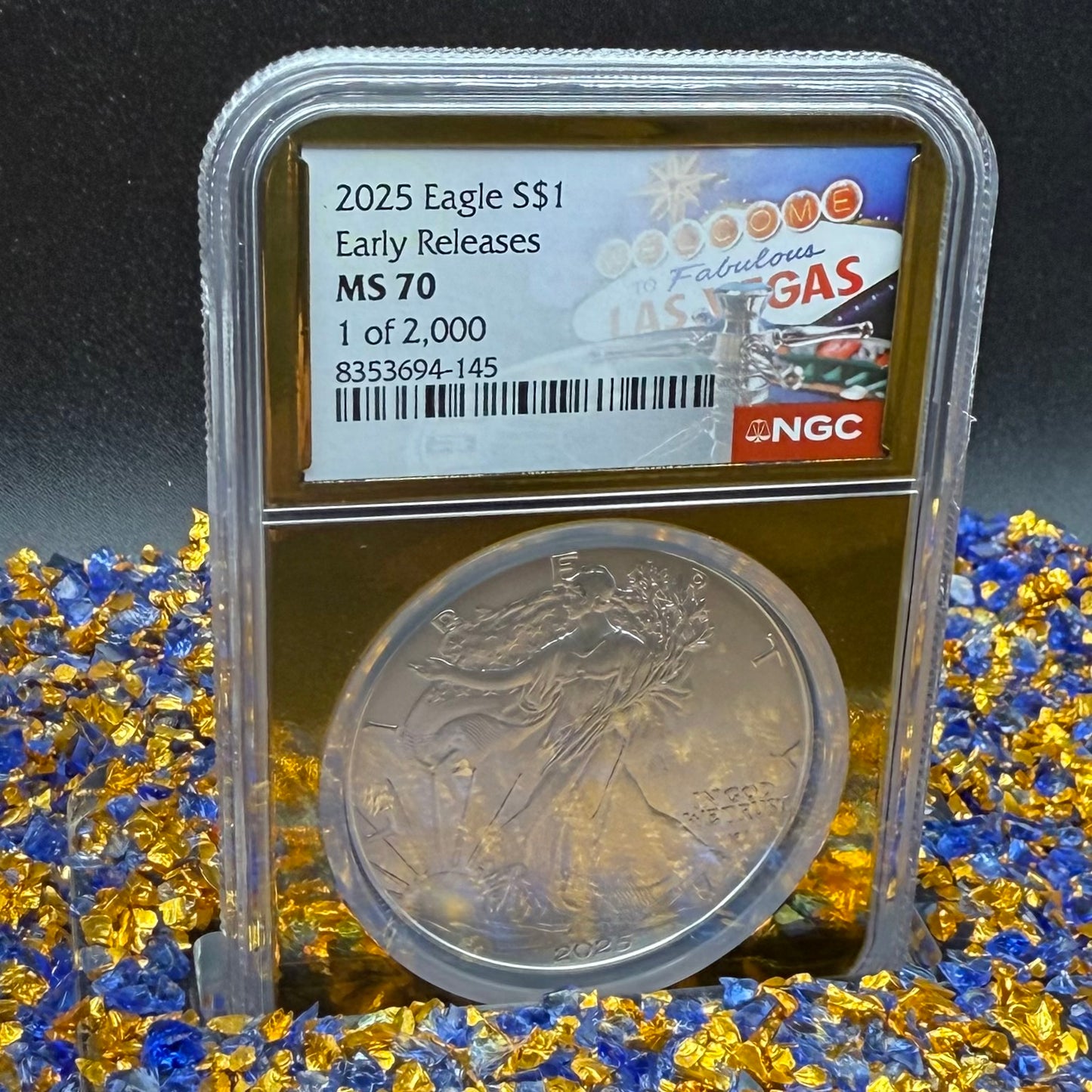 2025 $1 American Silver Eagle NGC MS70 Early Releases Vegas Label Gold Foil Rare 1 of 2,000 Mint