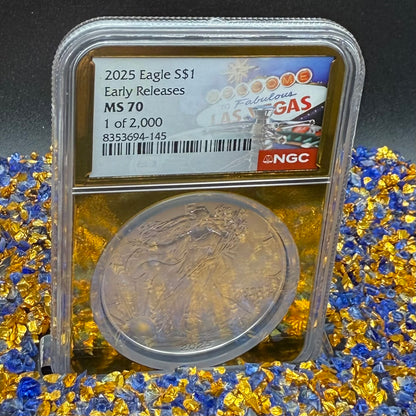 2025 $1 American Silver Eagle NGC MS70 Early Releases Vegas Label Gold Foil Rare 1 of 2,000 Mint