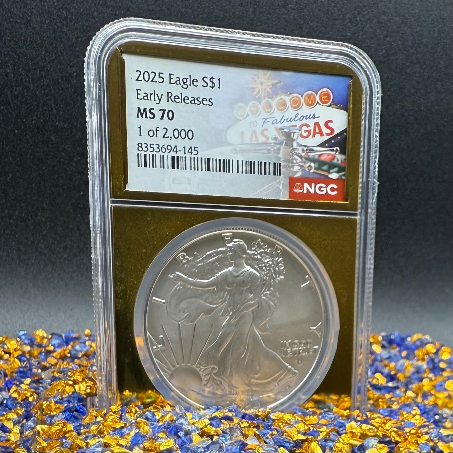 2025 $1 American Silver Eagle NGC MS70 Early Releases Vegas Label Gold Foil Rare 1 of 2,000 Mint