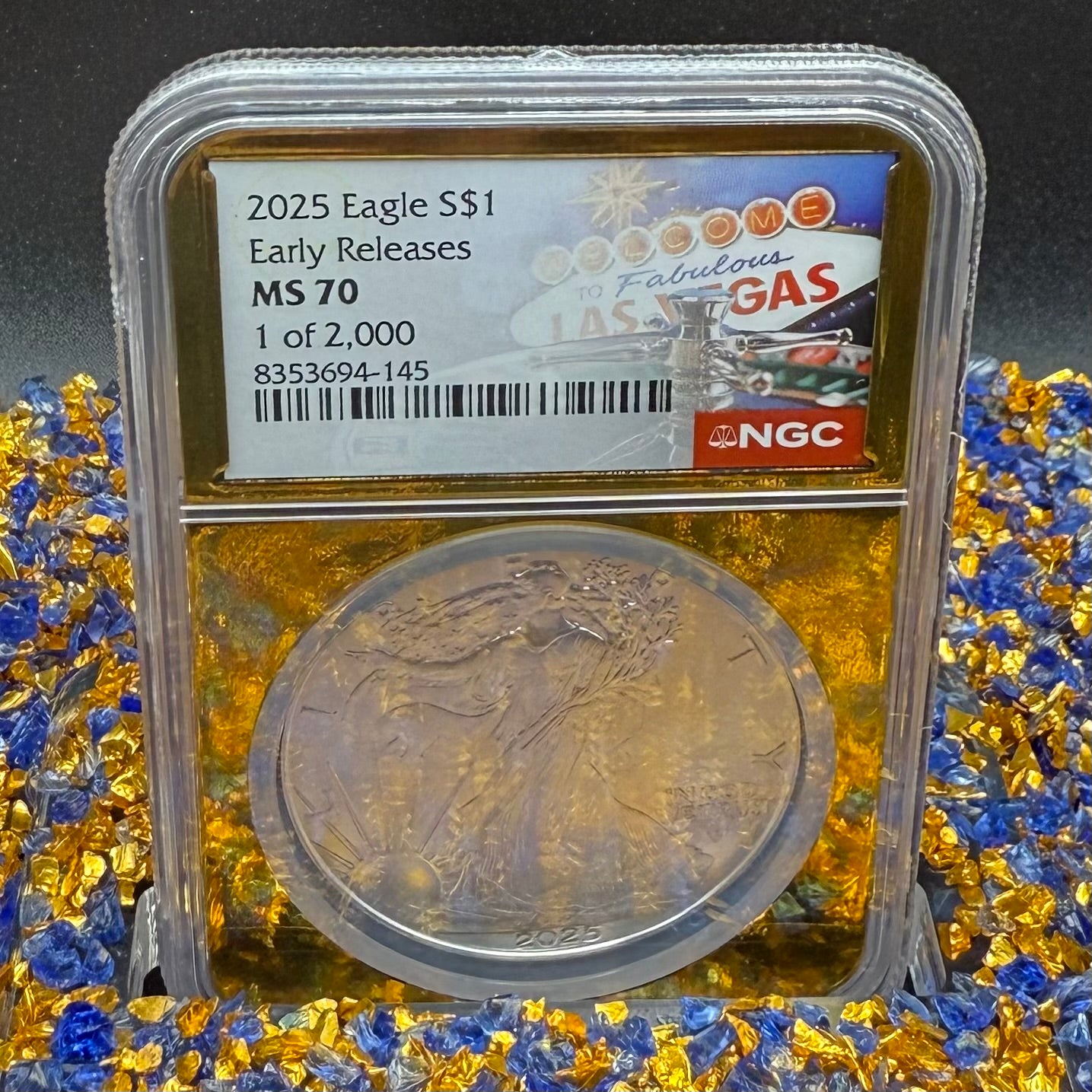 2025 $1 American Silver Eagle NGC MS70 Early Releases Vegas Label Gold Foil Rare 1 of 2,000 Mint