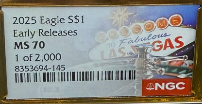 2025 $1 American Silver Eagle NGC MS70 Early Releases Vegas Label Gold Foil Rare 1 of 2,000 Mint