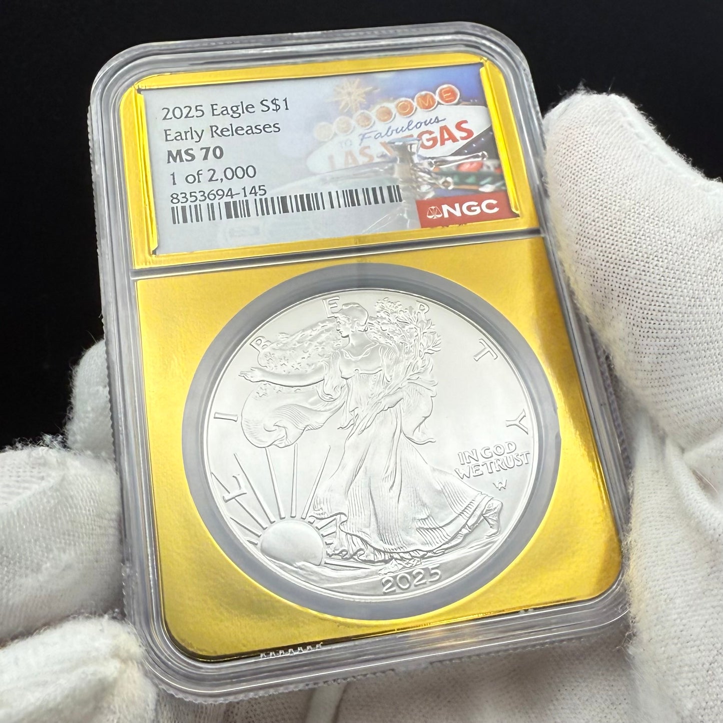 2025 $1 American Silver Eagle NGC MS70 Early Releases Vegas Label Gold Foil Rare 1 of 2,000 Mint