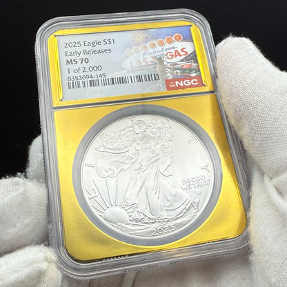 2025 $1 American Silver Eagle NGC MS70 Early Releases Vegas Label Gold Foil Rare 1 of 2,000 Mint